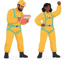 Two industrial workers in yellow protective suits and safety harnesses stand together, one holding a tablet and the other raising a confident fist, symbolizing teamwork and readiness