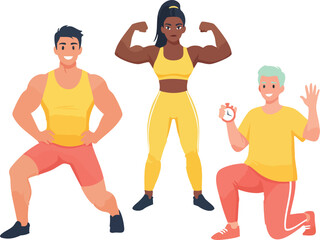 Three diverse fitness athletes demonstrate dynamic workout poses and coaching gestures in bright sportswear, conveying strength, motivation, and active training energy