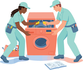 Two technicians in mint-colored uniforms repair a washing machine together, using tools and following a manual placed on the floor beside them