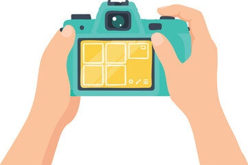 A person holds a digital camera with both hands, focusing on its bright yellow screen displaying multiple framed photo previews