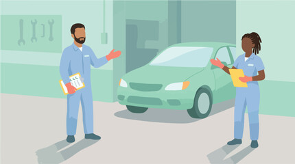 A male and female auto mechanic stand beside a green car in a workshop, discussing repair details while holding clipboards