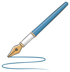 Blue Fountain Pen Writes Elegant Wavy Line, Illustrating Calligraphy and Creative Writing