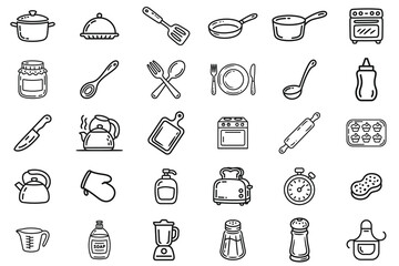 A cute kitchen doodle icon set featuring 30 hand-drawn cooking and baking elements, including pots, pans, cutlery, knives, whisks, kettles, appliances, jars, trays, timers, cleaning tools, gloves.