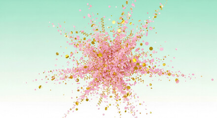 Pink and gold confetti explosion on a light mint gradient background, festive celebration design isolated on white background, Vector