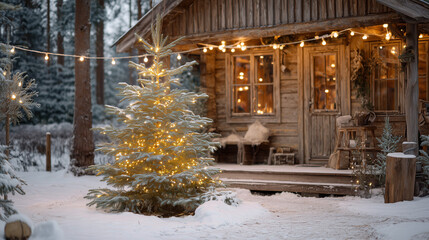 cozy snowy cabin with glowing christmas tree outdoors