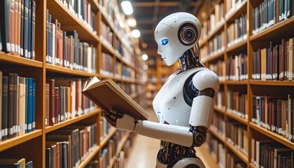 Advanced humanoid robot reading a book inside a quiet library — AI learning, knowledge, and futuristic education concept
