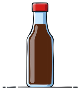 Illustration of a glass bottle with dark brown liquid and a red cap, isolated on a white background