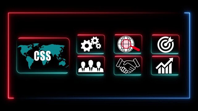 Glowing neon line banner of  CSS concept with icons of branding, advertising, SEO, social media, devices, internet and target isolated on transparent background.