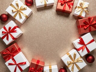 Festive red and white gift boxes with golden decorations on glittery background