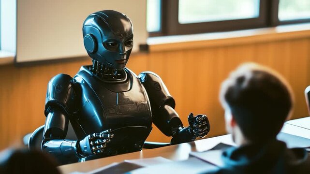 A robot sits in front of a laptop computer with a screen displaying coding software
