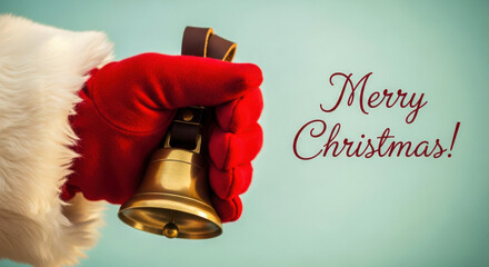 Santa's hand in red glove rings a festive brass bell with 'merry christmas!' text isolated on white background, Vector