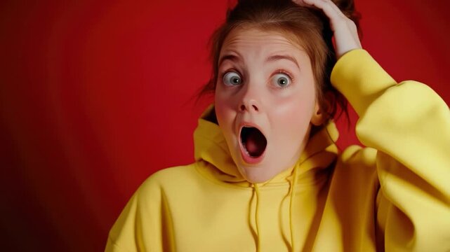 A woman with a surprised and curious look on her face, possibly reacting to something unexpected