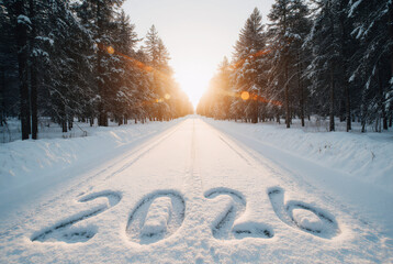 Snowy road leading to sunrise in winter forest with 2026 written in snow