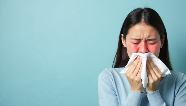 Young woman sneezes with red irritated nose holding tissue paper. She suffers from seasonal pollen allergy symptoms, feeling discomfort and nasal congestion.