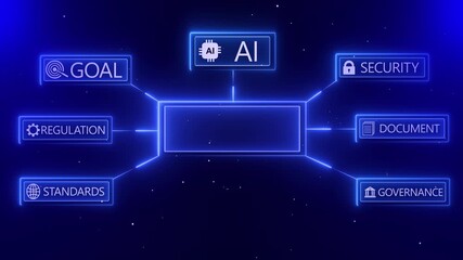 Blue digital technology infographic with glowing neon icons and text on a textured red background innovation - Powered by Adobe