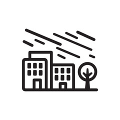Winter bad weather in city simple black and white vector icon of buildings and tree with snowstorm wind