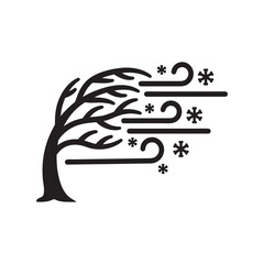 Winter storm wind icon with bare tree and snowflakes black and white vector illustration