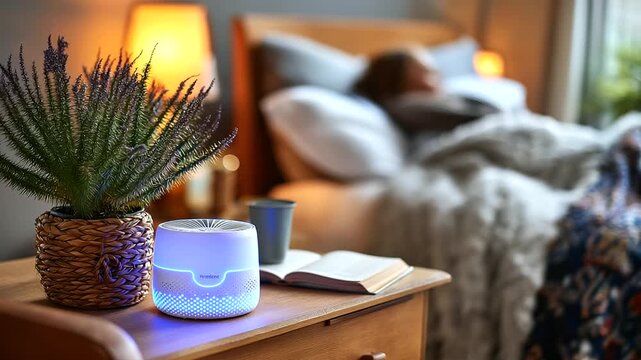 Calm bedroom with air purifier glowing, person wrapped in throw, audiobook paused, rest-first mood, with copy space