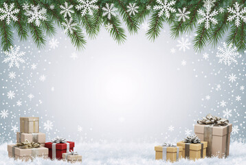 Festive winter background with snowflakes and pine branches