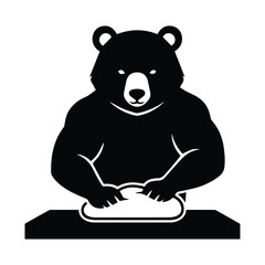 Stylized strong bear mascot kneading bread dough on a table, bakery icon graphic design Vector, illustration