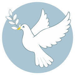 Obraz premium Illustration of a flying dove carrying olive branch in its beak on blue background, representing peace, hope, love, and unity