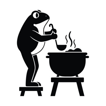 Frog chef cooking stew in pot with ladle on stool, simple graphic icon vector Vector, illustration
