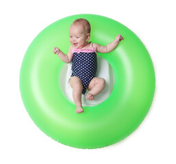 Cute little baby on inflatable ring against white background, top view