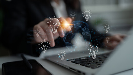 Concept of global innovation and shared knowledge. A network of creative ideas and brainstorming...