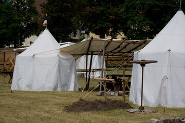 Medieval Tents and Wooden Structures at a Historical Camp in Dinkelsb&uuml;hl, Germany