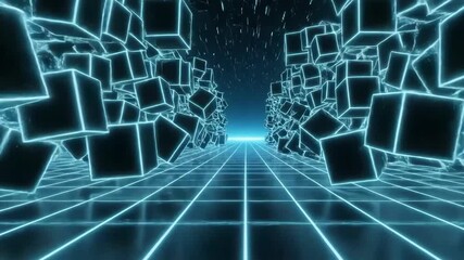 Abstract neon blue cubes forming a tunnel on a grid - Powered by Adobe