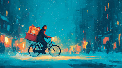 christmas courier cycling through snowy city with gift boxes