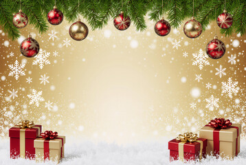 Festive christmas background with ornaments and gifts in snowy setting