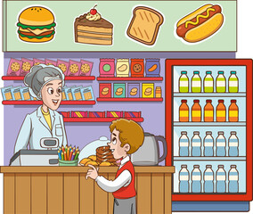 Vector illustration of students shopping in the school cafeteria.