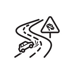 Slippery winter road car skidding warning sign black and white vector icon for icy weather driving safety