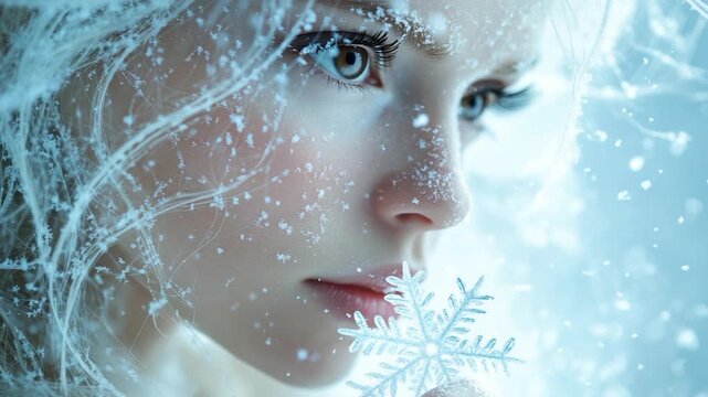 A woman holds a delicate snowflake up to her face, a touch of winter wonderland