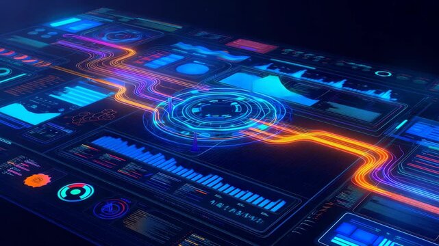 High-tech digital dashboard interface with advanced data visualization, glowing lines, and analytics charts. Concept of future technology, analysis, and artificial intelligence. - Powered by Adobe