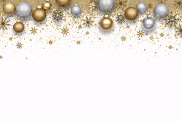 Festive gold and silver christmas ornaments with stars and sparkles on white background