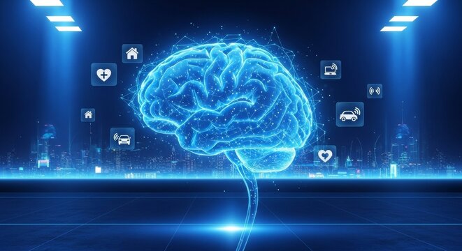 Digital Brain Surrounded by Smart Technology Icons and a Futuristic City Skyline - Powered by Adobe