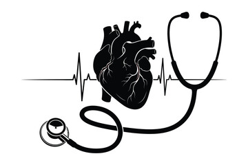 Medical illustration of heart stethoscope and heartbeat diagram