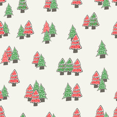 A fun seamless Christmas pattern with hand-drawn holiday trees on a light background, perfect for gift wrapping, fabric, stationery, and seasonal crafting projects.