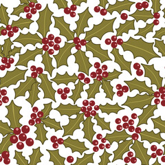A cheerful Christmas seamless pattern with holly leaves and berries on a light background, ideal for gift wrap, cards, scrapbook projects, and winter holiday decorations.