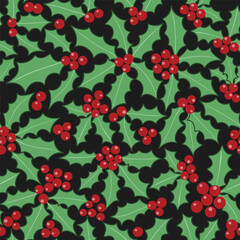 A festive seamless Christmas pattern featuring red berries and holly leaves on a deep green background, perfect for holiday packaging, textiles, gift wrap, and seasonal stationery.