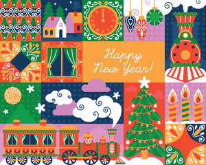 Bright New Year illustration in a festive decorative style: Christmas train, holiday tree, candles, ornaments, winter landscape, and colorful patterns. Perfect for prints, postcards, packaging design
