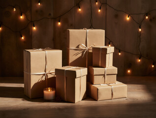 Rustic gift boxes and candlelit ambiance with string lights in cozy setting