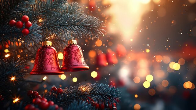 Christmas banner with fir branches and red bells. Background for Christmas and New Year greetings.