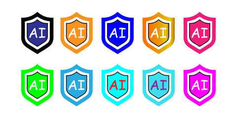Diverse AI Shield Icons Set: Colorful Vector Symbols Representing Artificial Intelligence Protection and Security Concepts