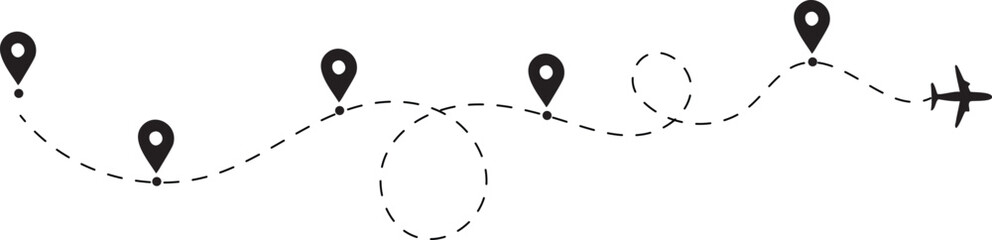 Airplane travel route with location pins, journey path icon