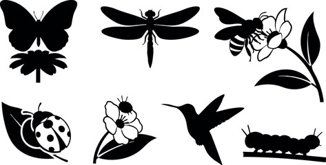 Obraz premium Insect and flower silhouette set butterfly dragonfly bee ladybug hummingbird caterpillar vector illustration