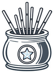 Traditional Fortune Incense Sticks in Decorated Pot with Star Symbol Illustration