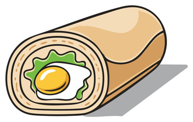 Cartoon breakfast burrito with fried egg and lettuce rolled in tortilla